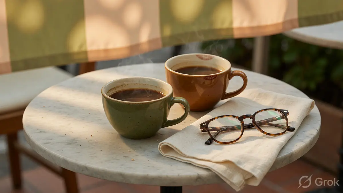 Notes, a laptop and a coffee cup on a wooden desk in golden hour light