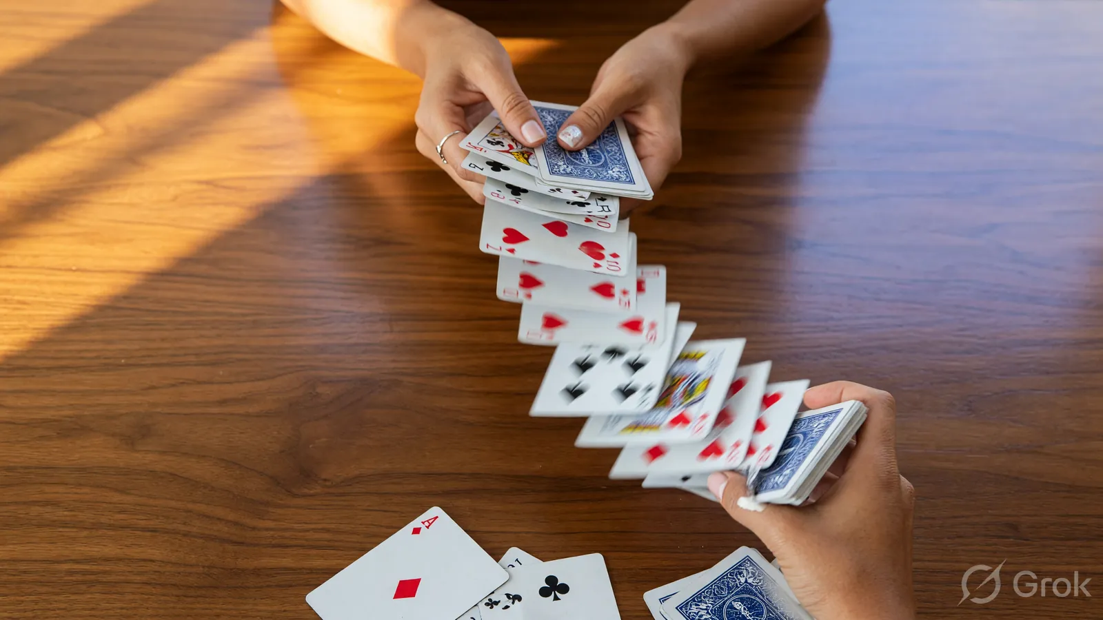 Overhead photograph of a deck being shuffled by a pair of hands over a polished wood table