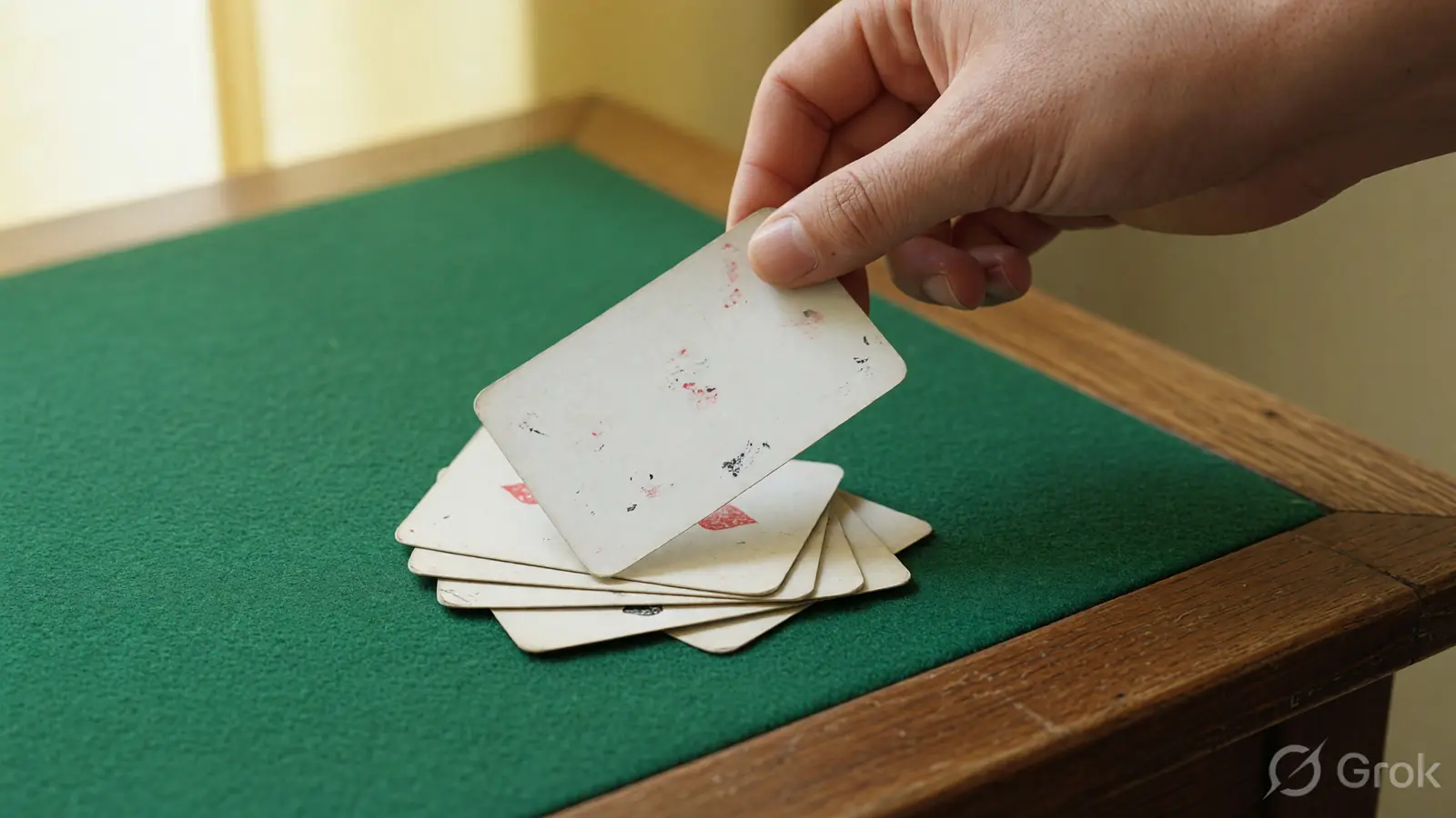 Adult hand placing a final card on a rummy discard pile on green felt