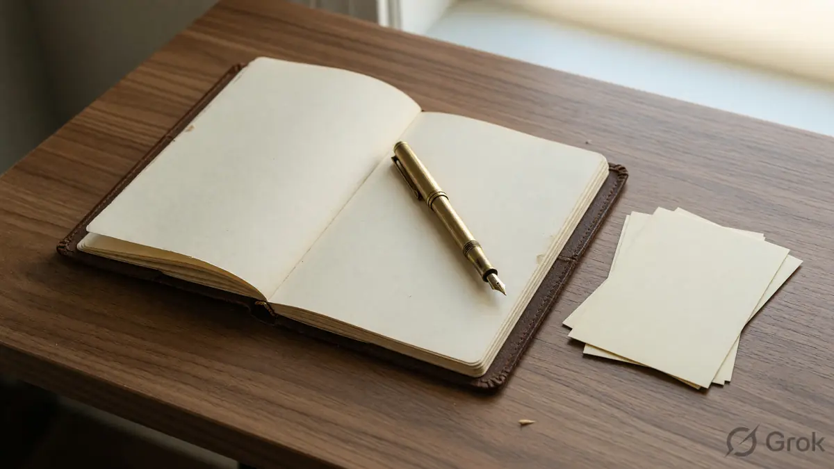 A stack of documents and a single playing card on a wooden desk