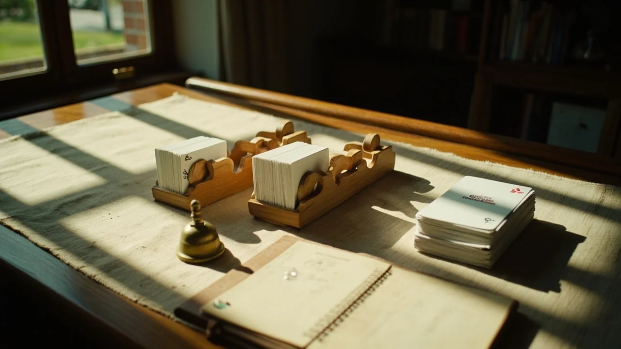 Two adult players concentrating over a rummy card hand at a warm-lit table