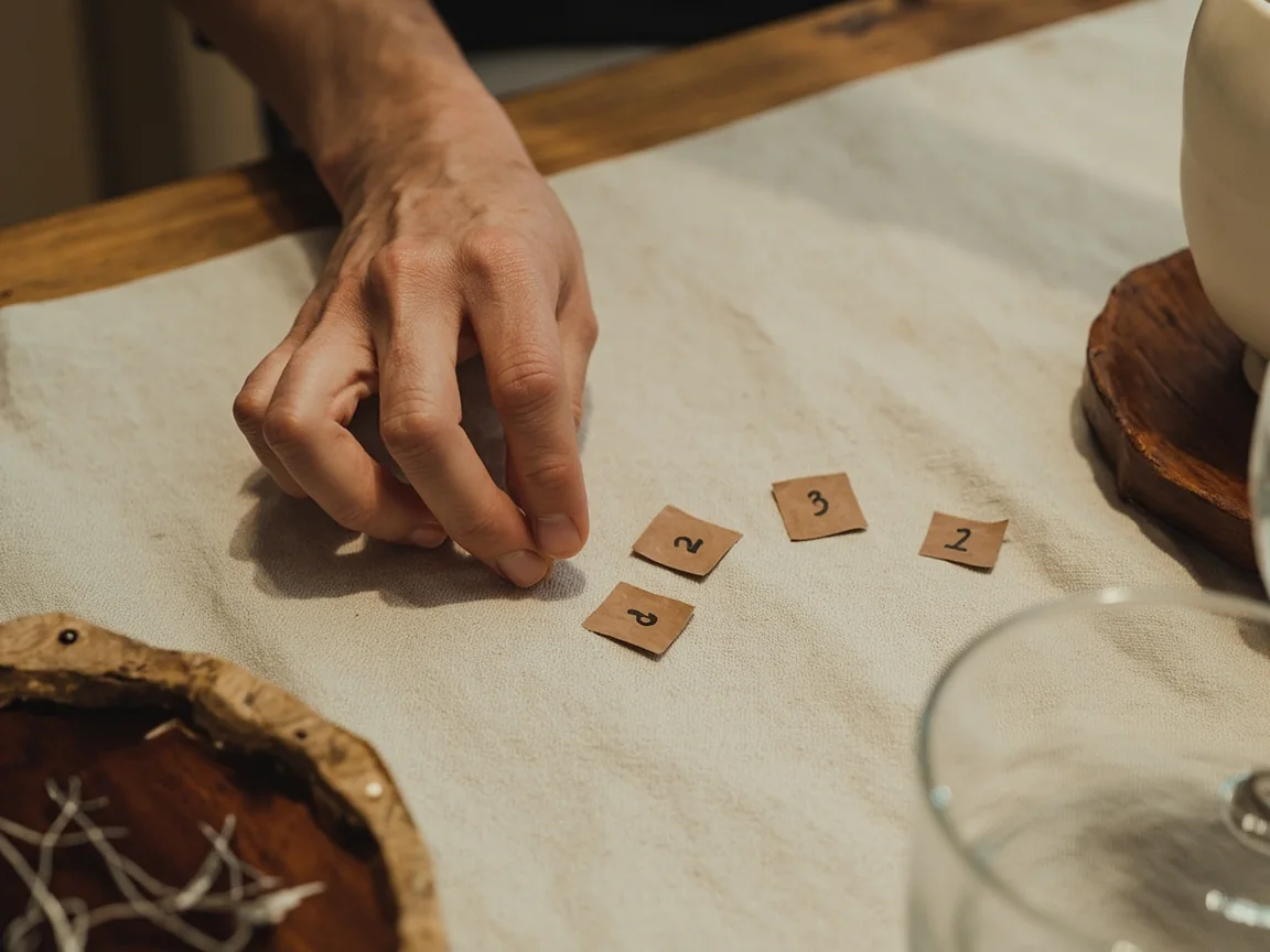 Close-up of 13 rummy cards being sorted into melds on green felt