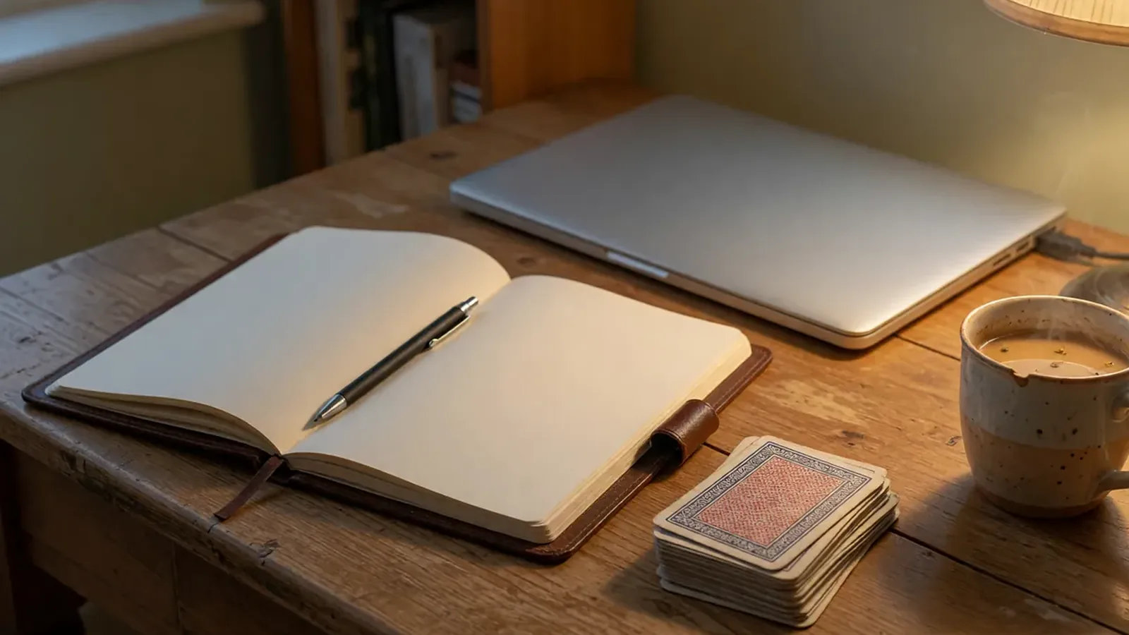 Notebook, chai cup and handwritten escalation notes on a warm wooden desk