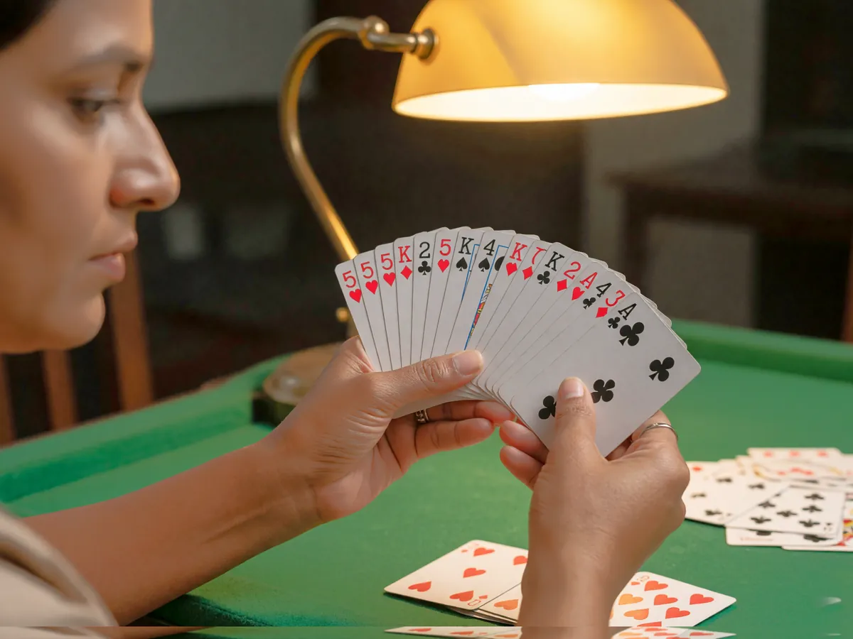 A player concentrating over a rummy card hand on green felt under a warm desk lamp