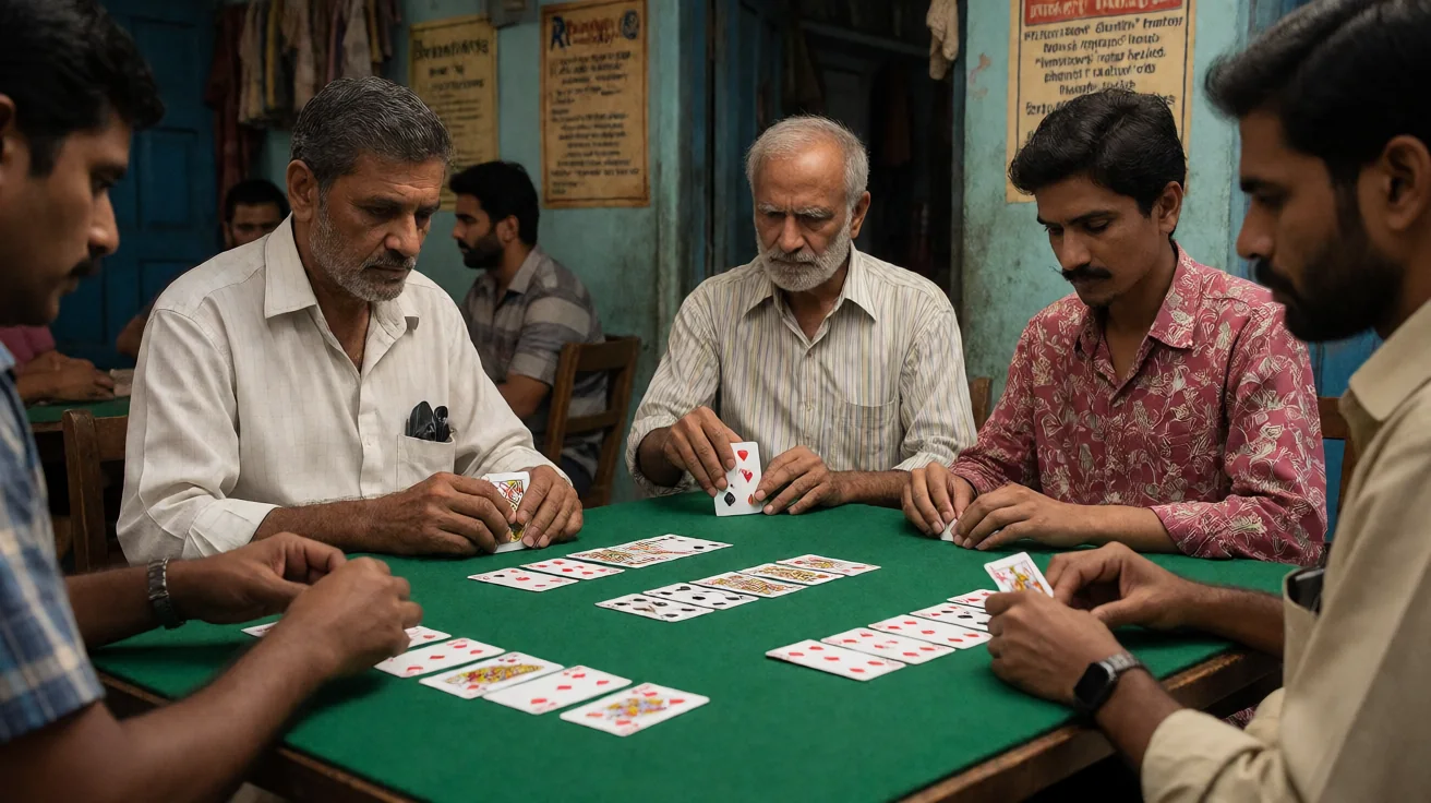 Wide editorial view of a rummy card table with multiple players seated, layered composition under pendant lights