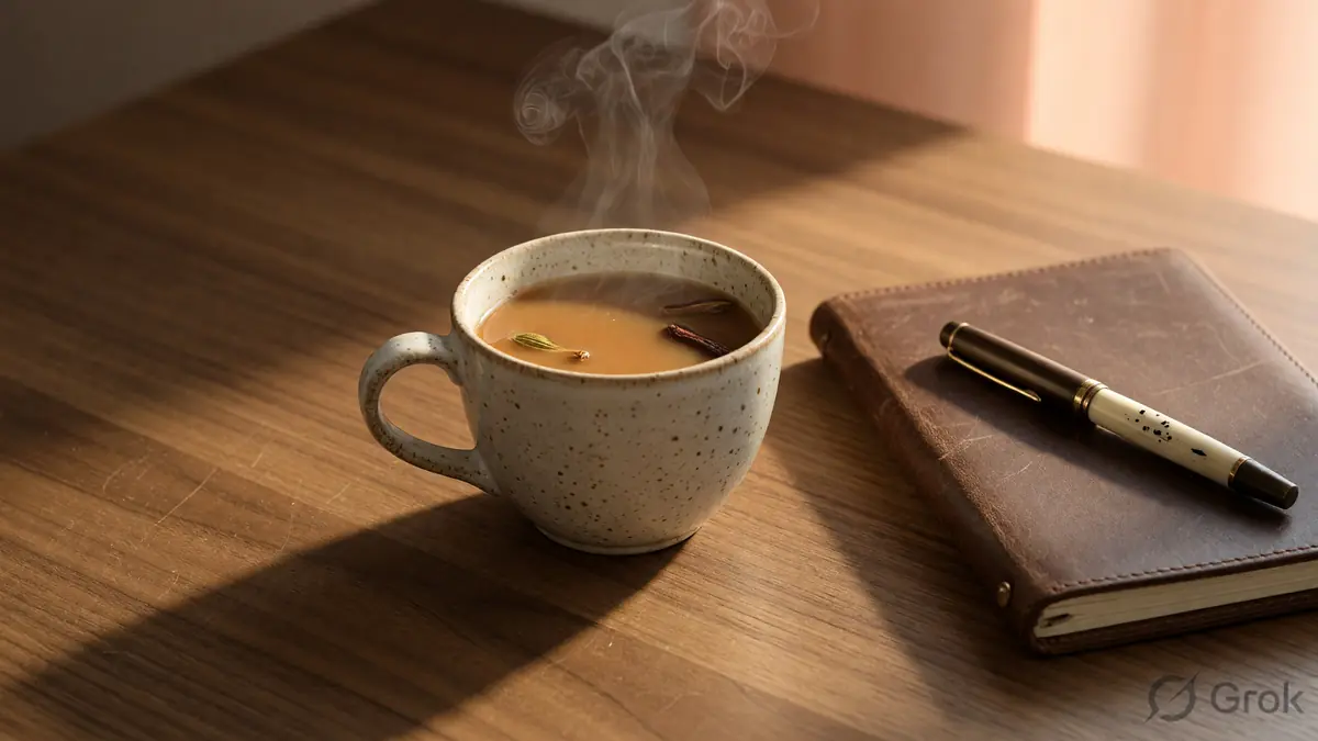 A cup of chai next to handwritten strategy notes on a wooden desk